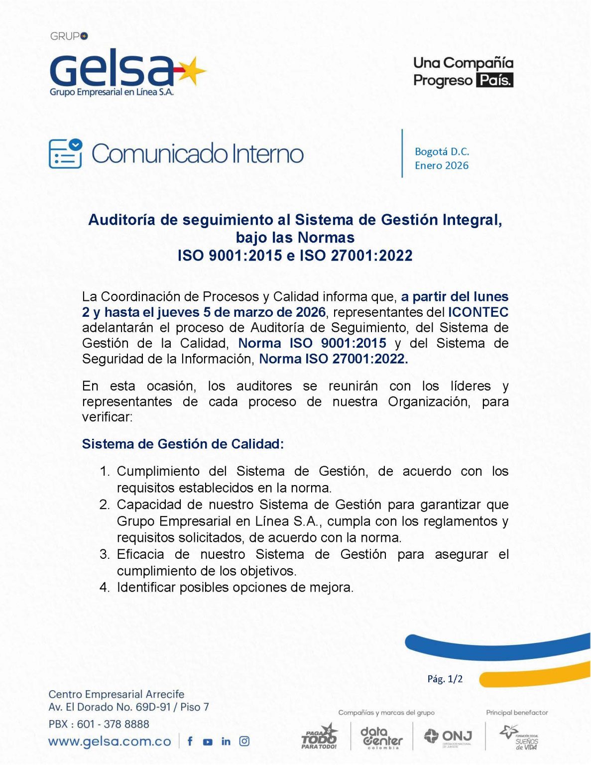 Auditoría de seguimiento al Sistema de Gestión Integral, bajo las ...